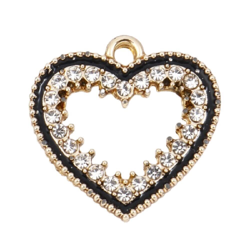 6853 10PC Gold-Plated Alloy Black Enamel Rhinestone Heart Charms Pendants